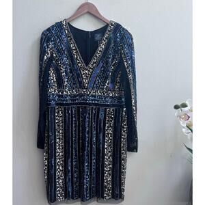 Adrianna Papell Striped Black Mesh Sequin Embellishments Midi Dress 12 Wedding